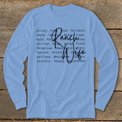 Light blue long-sleeve shirt with "Ranch Wife" and descriptive words.