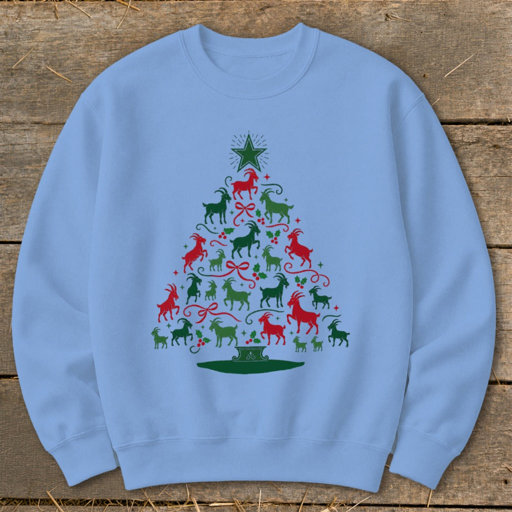 Light blue sweatshirt with a Christmas tree design made of red and green goats.