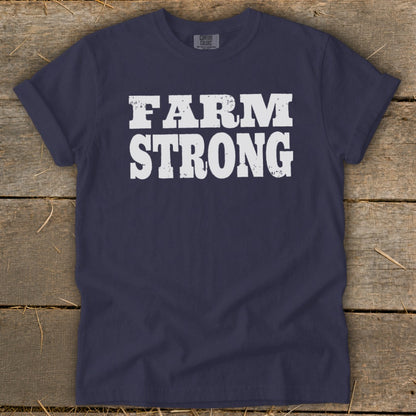 Dark blue short-sleeve t-shirt with distressed white text reading FARM STRONG displayed across the chest.