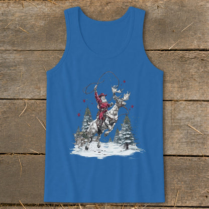 Santa riding a reindeer with a lasso, surrounded by snowy trees.
