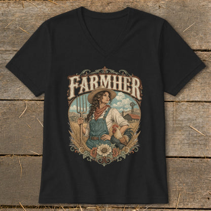 Black t-shirt graphic with the text FARMHER and a woman holding a pitchfork.