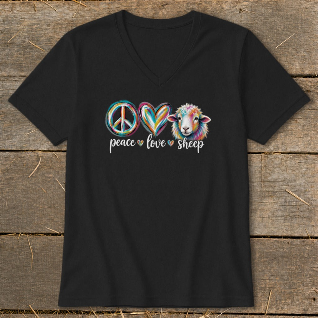 Black v-neck t-shirt with peace, love, sheep symbols and text.