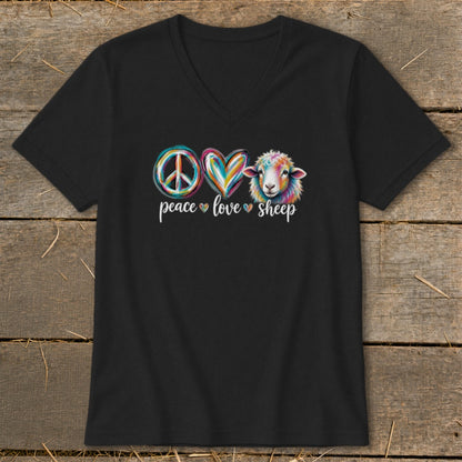 Black v-neck t-shirt with peace, love, sheep symbols and text.