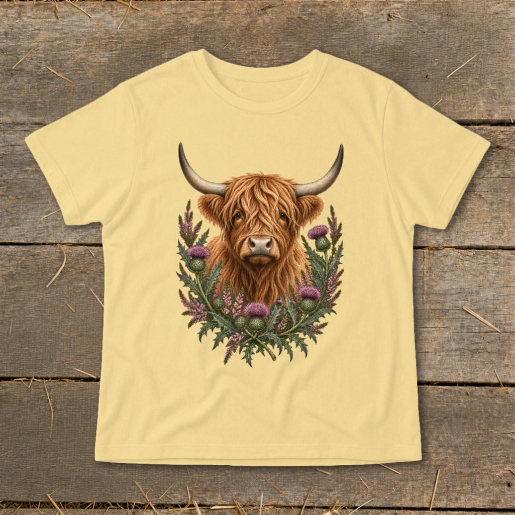 Highland cow with thistle wreath graphic on a pale yellow t-shirt.