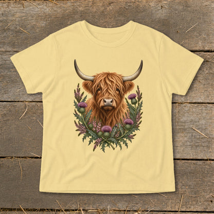 Highland cow with thistle wreath graphic on a pale yellow t-shirt.