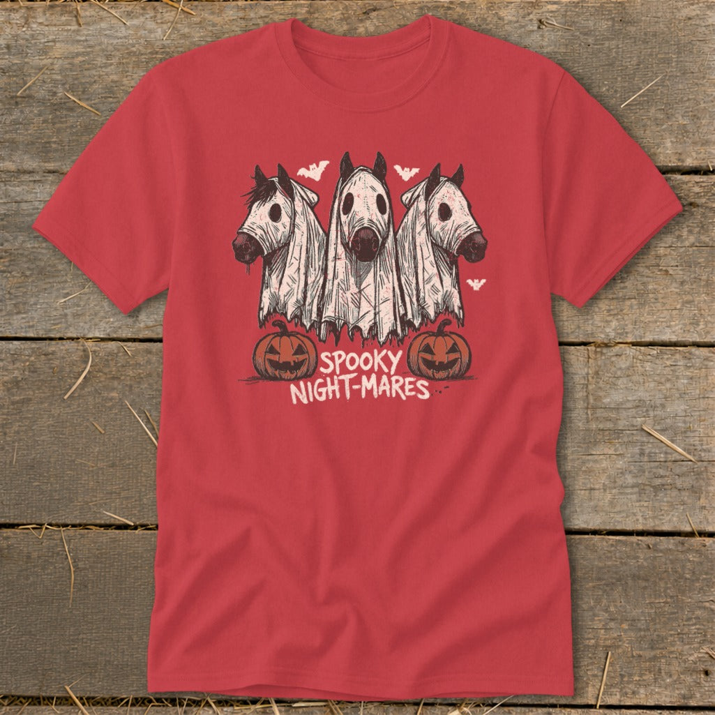 Three horses in ghost costumes with pumpkins and text "Spooky Night-Mares".