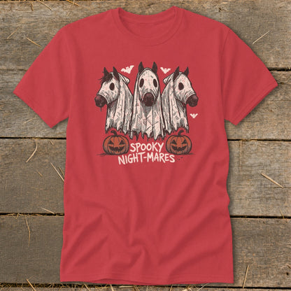 Three horses in ghost costumes with pumpkins and text "Spooky Night-Mares".