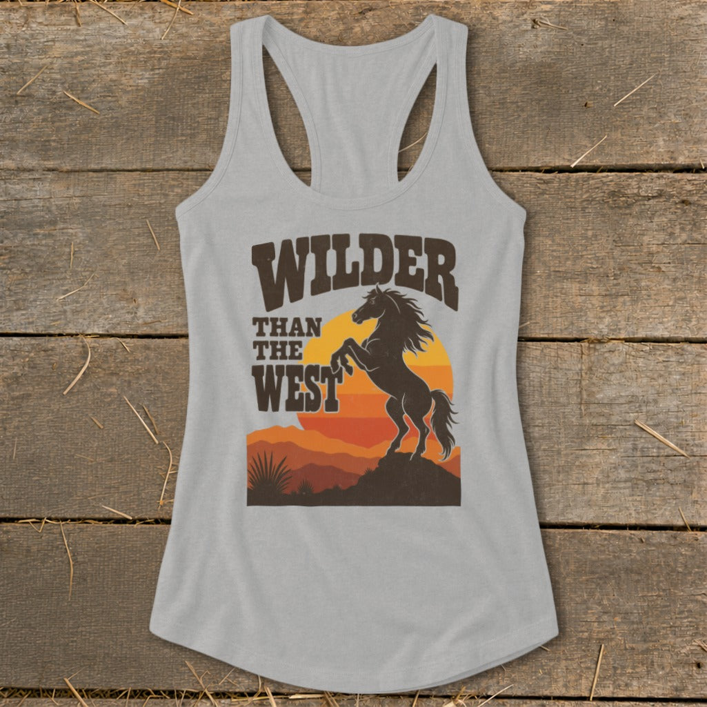 Light gray tank top with "WILDER THAN THE WEST" text and rearing horse.