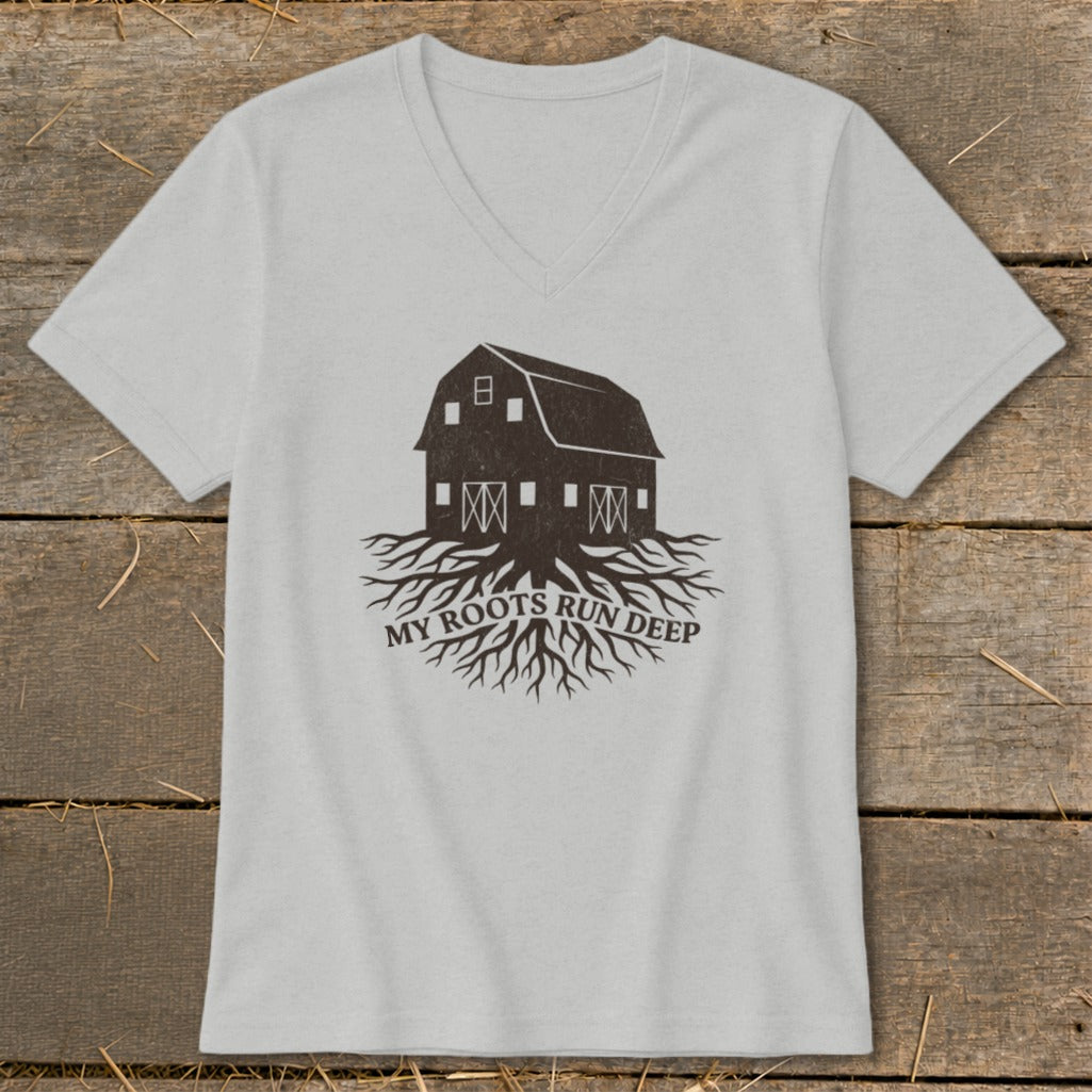 Grey v-neck t-shirt with a dark brown barn and roots graphic and text.