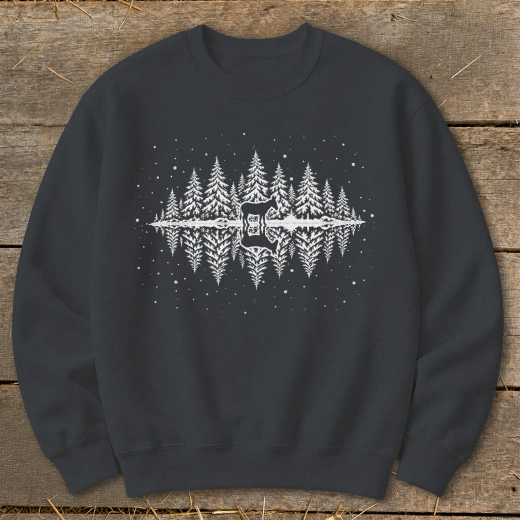 Dark gray sweatshirt with white graphic of trees, deer, and reflection.