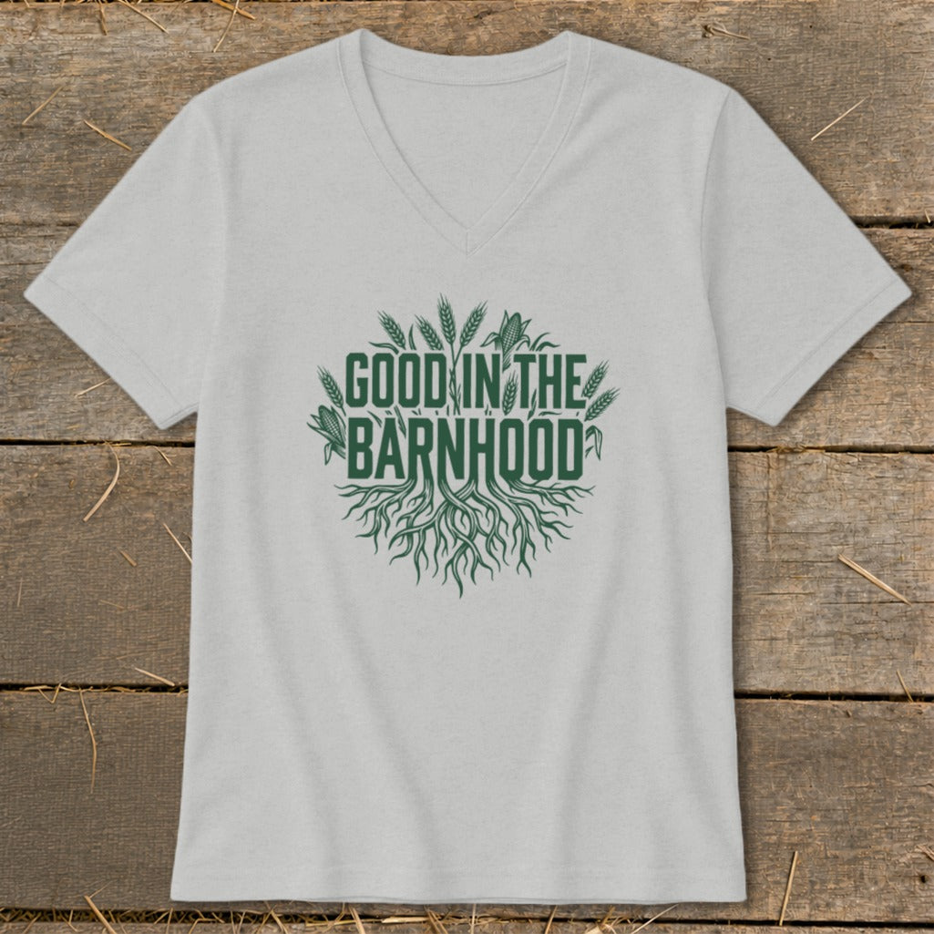Grey v-neck t-shirt with green text "Good in the Barnhood" and plant graphics.