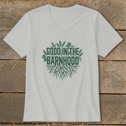 Grey v-neck t-shirt with green text "Good in the Barnhood" and plant graphics.