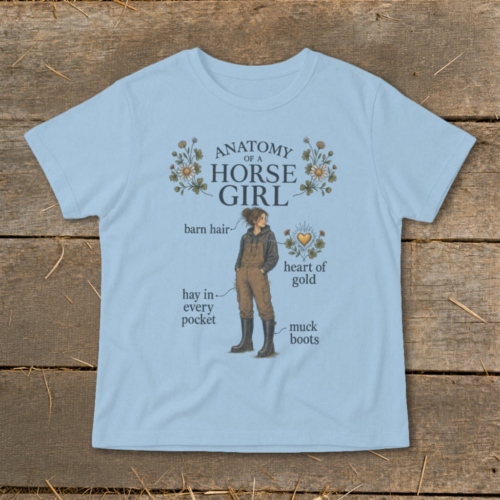 Light blue t-shirt with "Anatomy of a Horse Girl" graphic and illustrations.