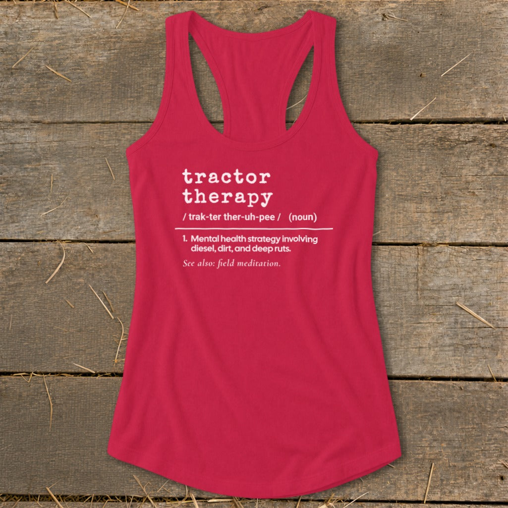 Red tank top with "tractor therapy" dictionary definition.
