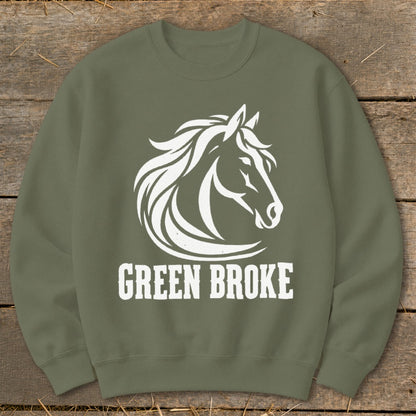 An olive green crewneck sweatshirt featuring a white graphic of a horse head and the text GREEN BROKE.