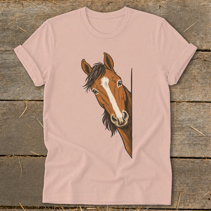 Brown horse head peeking from the right side of a pink t-shirt design.