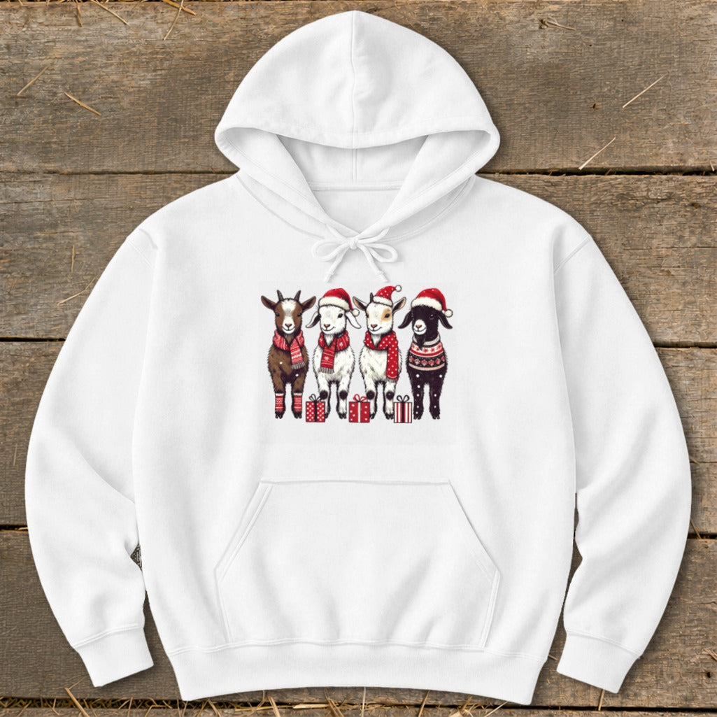 White hoodie with four cartoon goats wearing Santa hats and scarves.