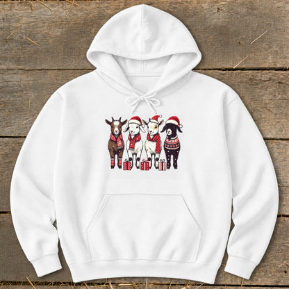 White hoodie with four cartoon goats wearing Santa hats and scarves.