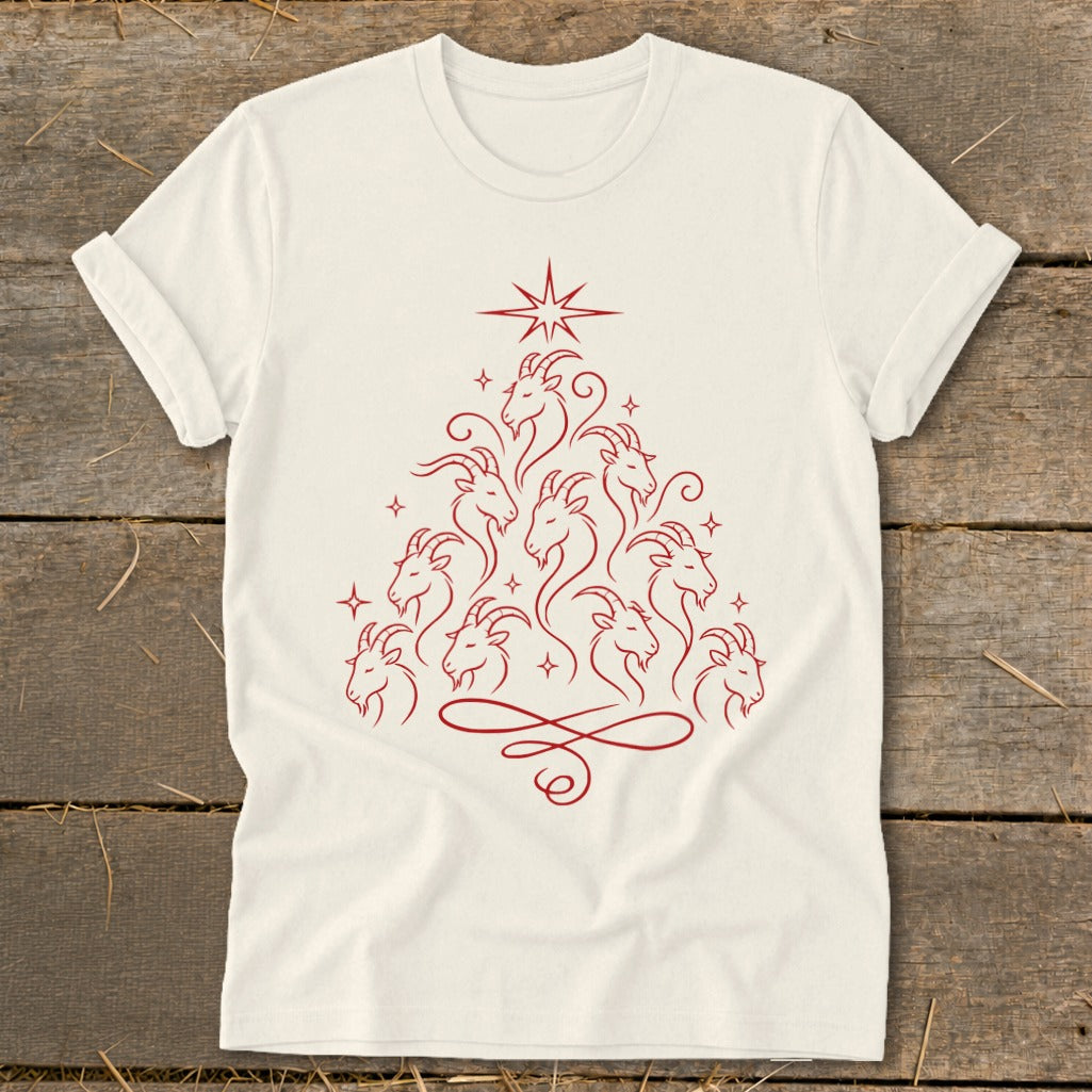 Cream t-shirt with a red outline graphic of goats arranged in a Christmas tree shape.