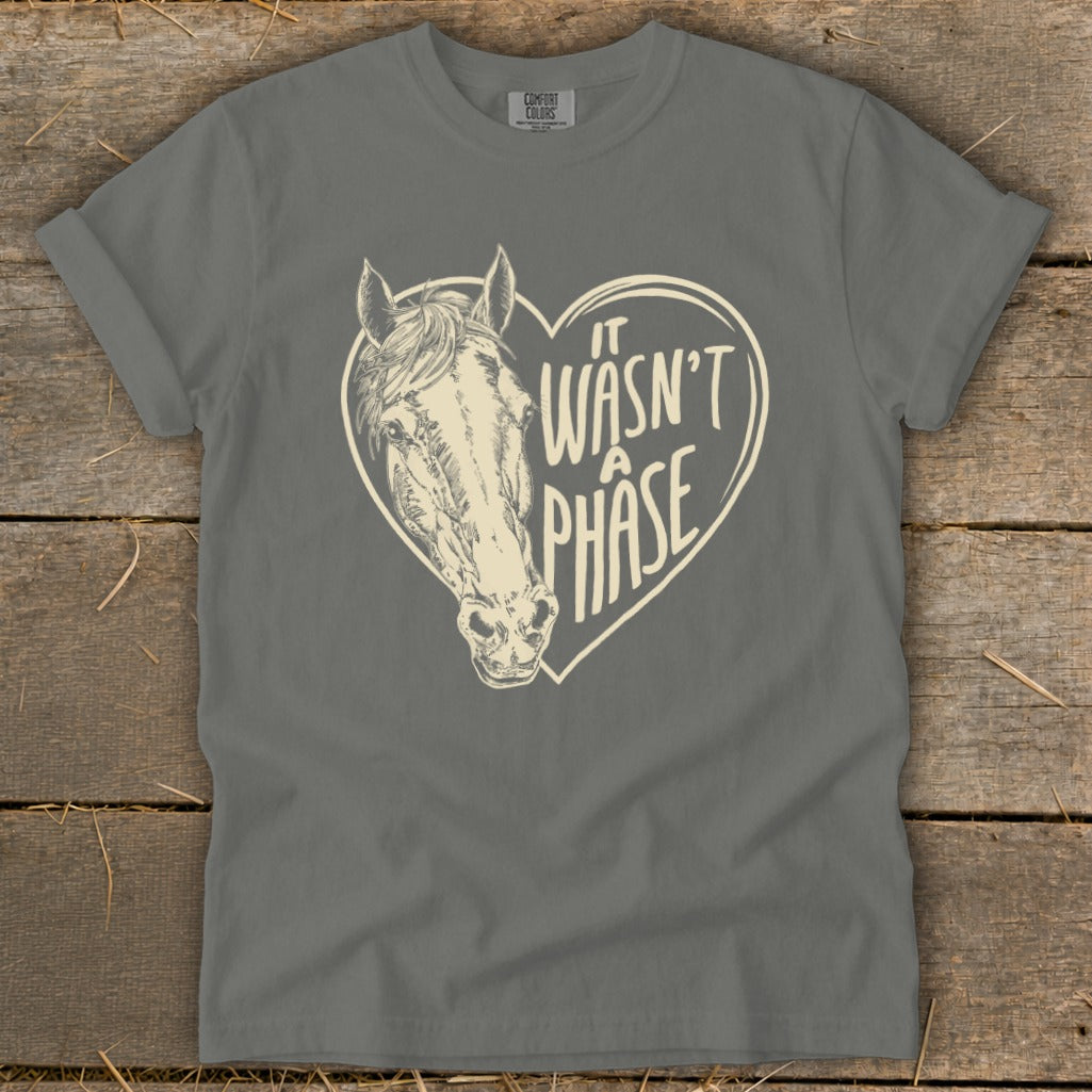 Grey t-shirt with a horse head inside a heart graphic that reads "It Wasn't A Phase".