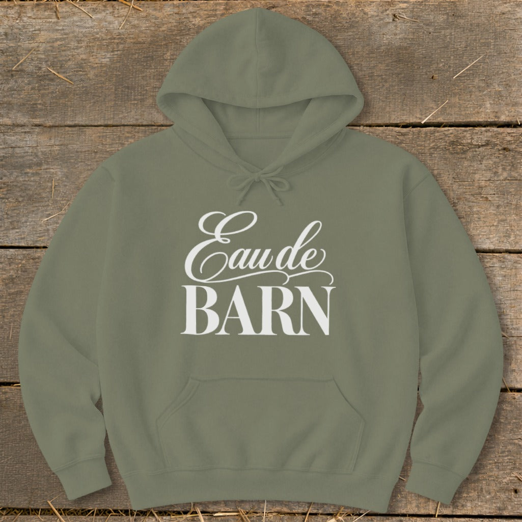 Green hoodie with white text "Eau de BARN" on the chest.