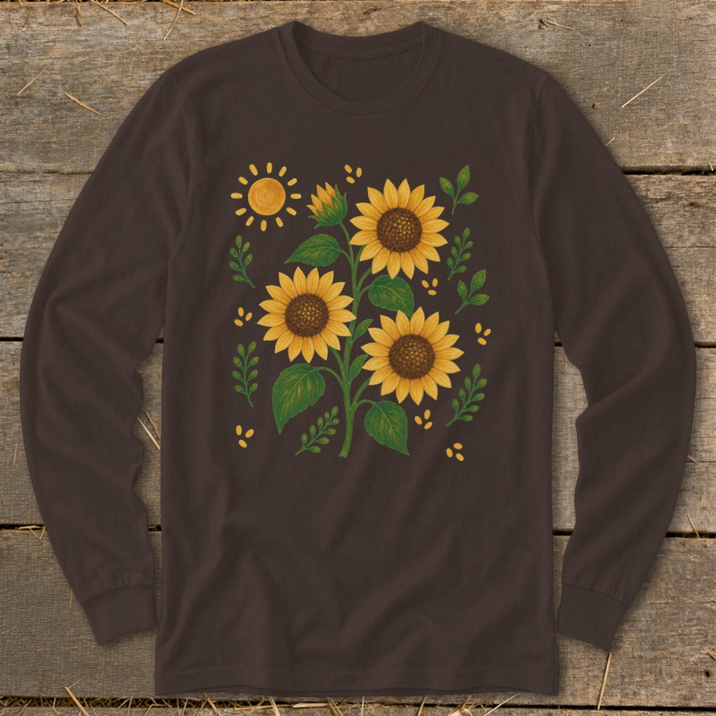 Brown long-sleeve shirt with a graphic of sunflowers and a sun.