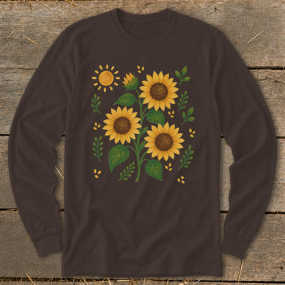 Brown long-sleeve shirt with a graphic of sunflowers and a sun.