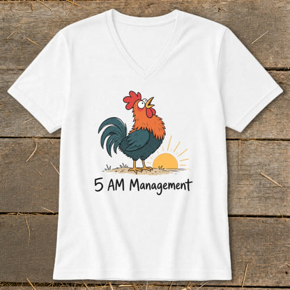 White t-shirt with a cartoon rooster crowing at sunrise above the text "5 AM Management".