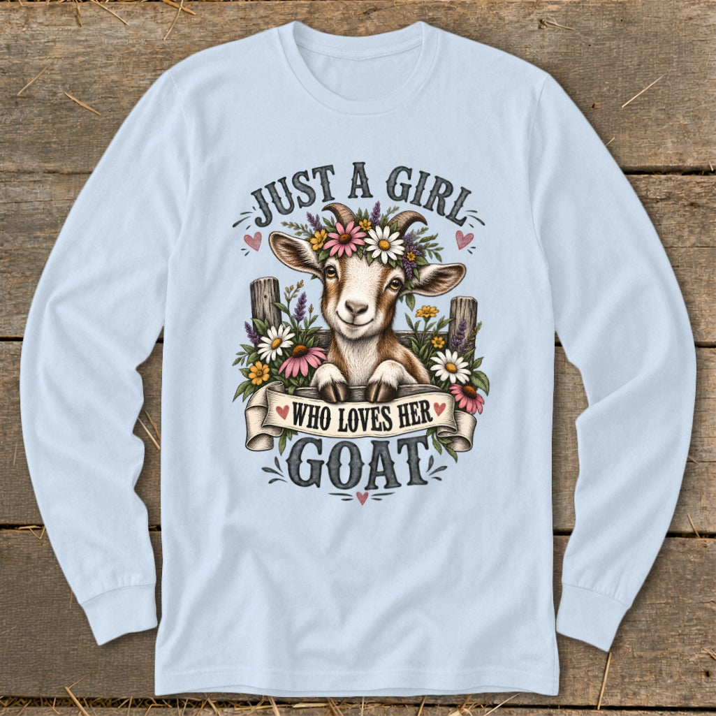 Cute goat with flowers and text: "Just a girl who loves her goat".