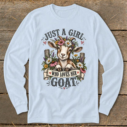 Cute goat with flowers and text: "Just a girl who loves her goat".