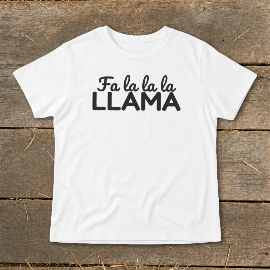 White t-shirt with "Fa la la la la LLAMA" text in black.