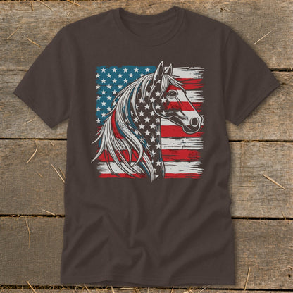 Horse head silhouette with American flag pattern on a brown t-shirt.
