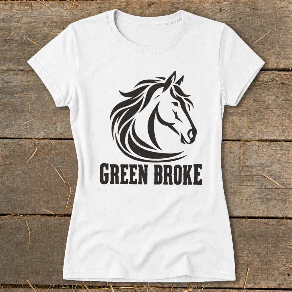 A white short-sleeved t-shirt features a black horse head graphic above the text "GREEN BROKE".