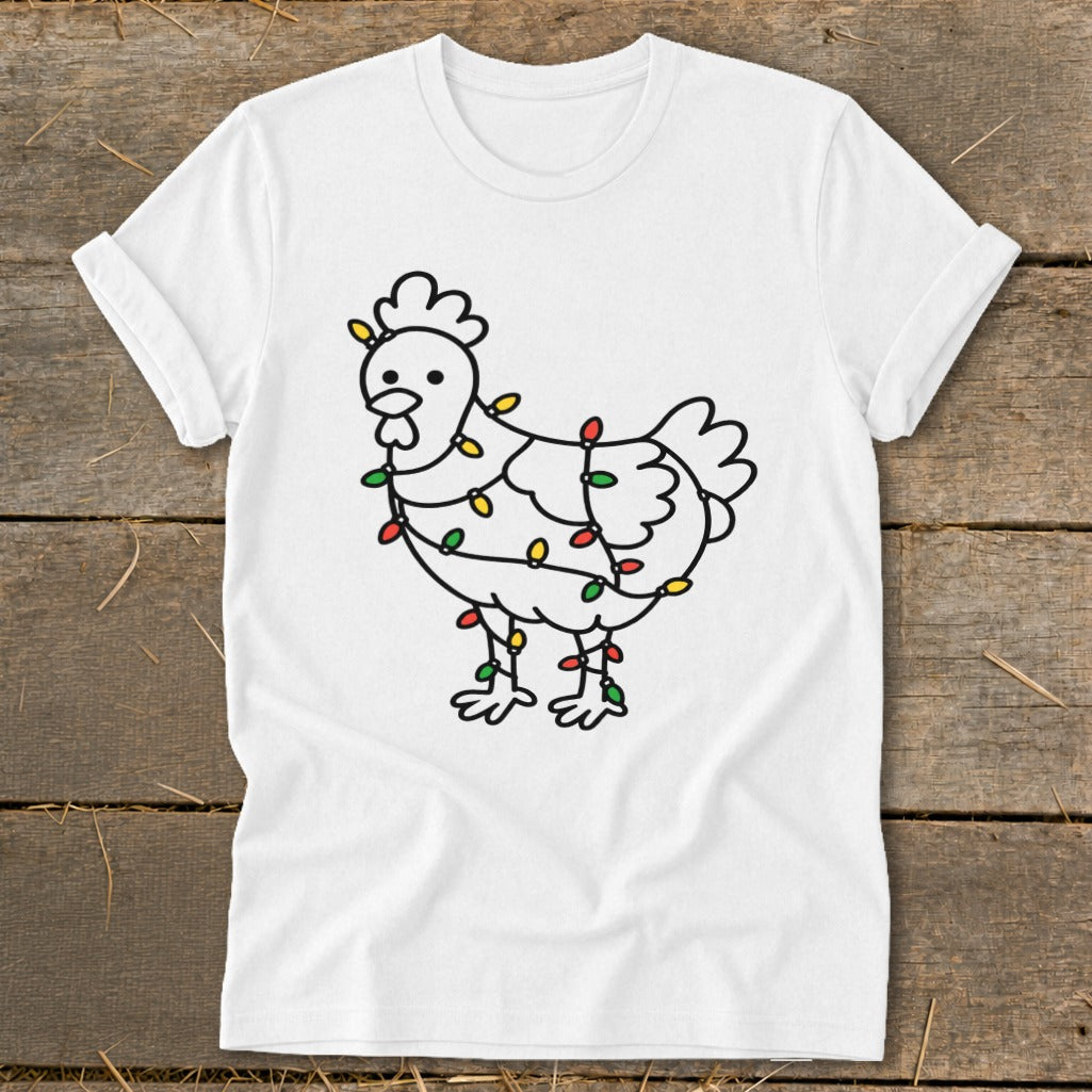 White t-shirt featuring a line drawing of a chicken decorated with colorful Christmas lights.