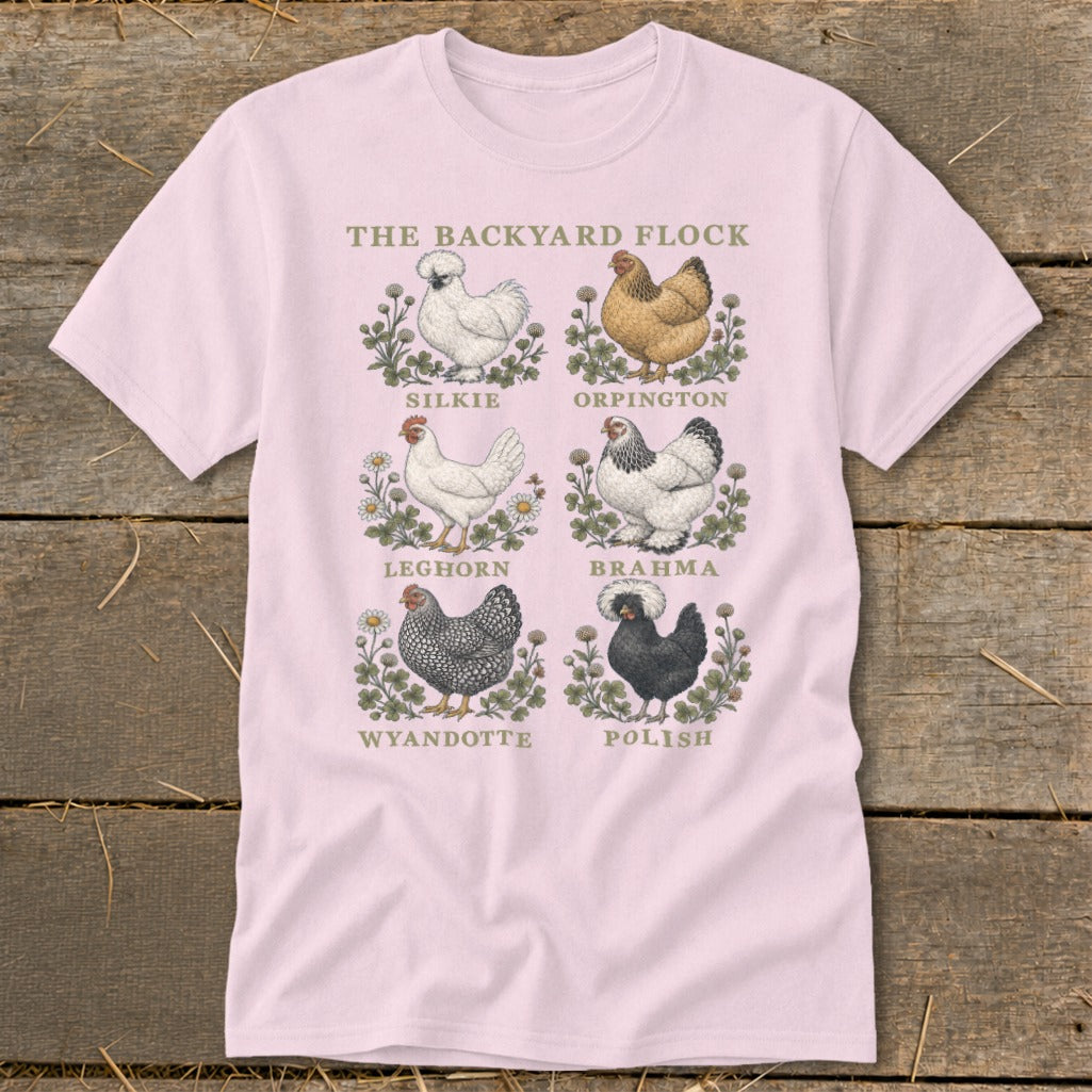 T-shirt with illustrations of six chicken breeds and their names: Silkie, Orpington, Leghorn, Brahma, Wyandotte, and Polish.
