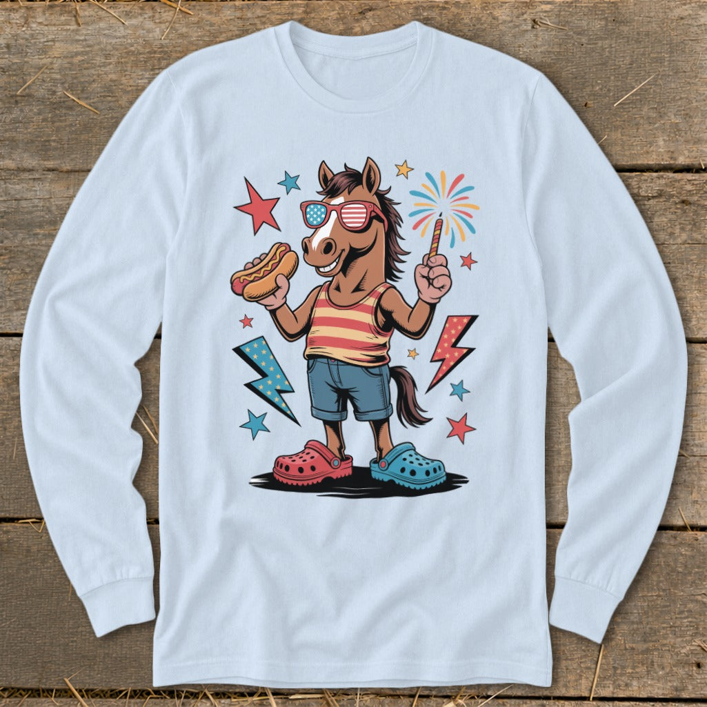 Cartoon horse wearing sunglasses holding hot dog and sparkler, surrounded by fireworks.