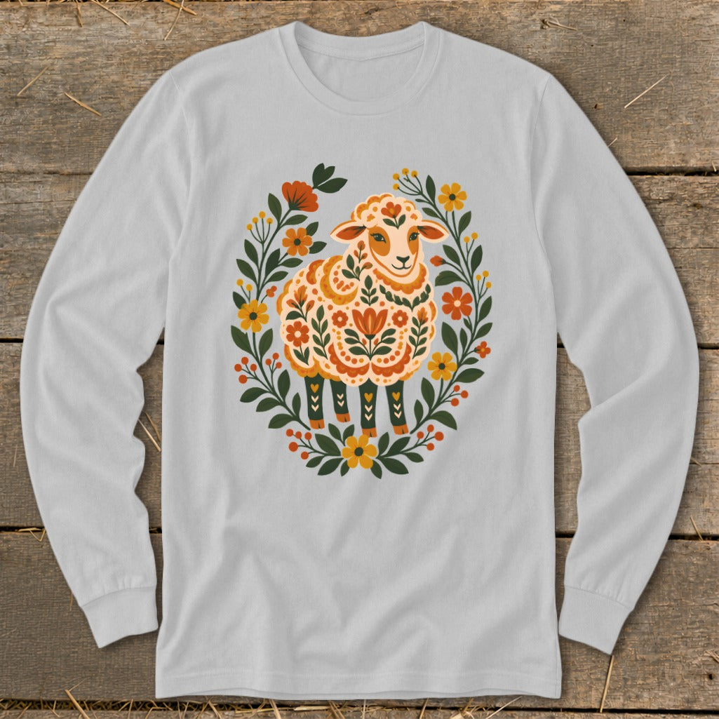Long-sleeve gray shirt featuring a white sheep with folk art floral details.
