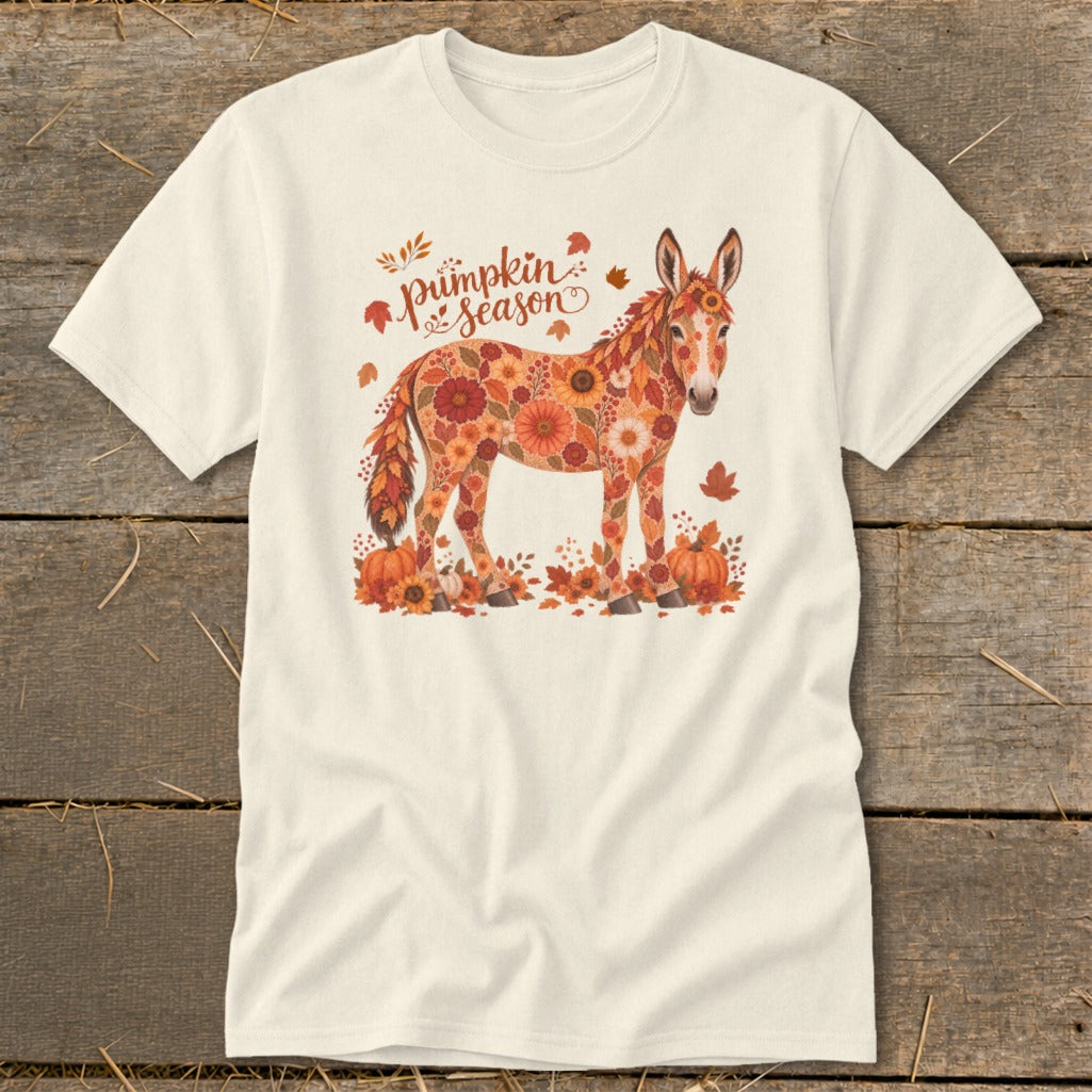 Cream t-shirt with a donkey adorned with floral patterns and "pumpkin season" text.