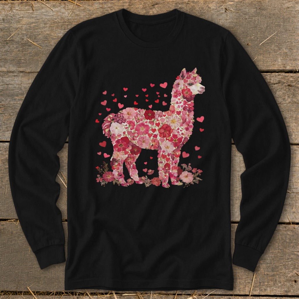 Black long-sleeve shirt with a floral alpaca design and scattered hearts.