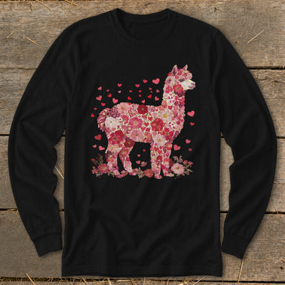 Black long-sleeve shirt with a floral alpaca design and scattered hearts.