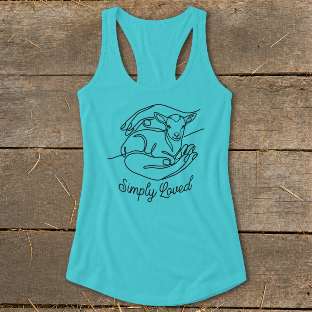 Teal tank top with line art of hands holding a lamb and text "Simply Loved".