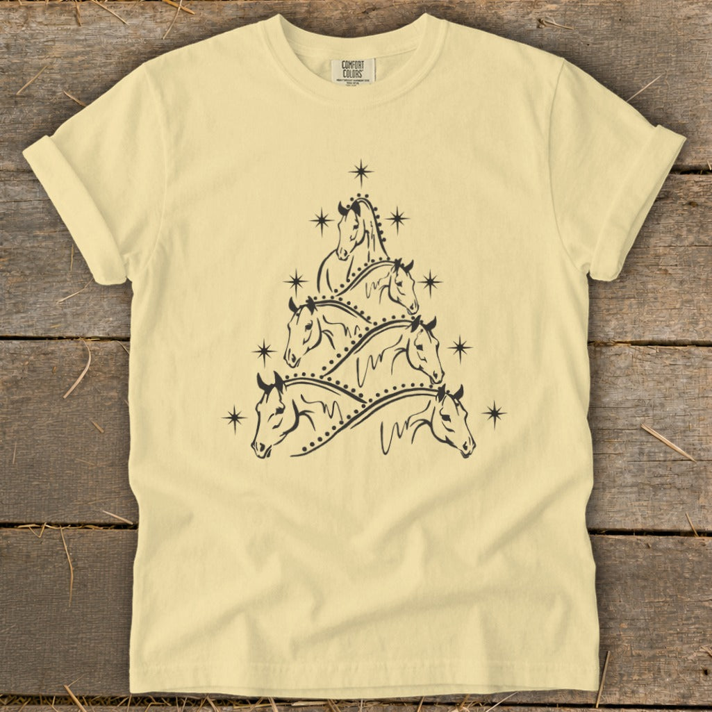 Cream t-shirt with black Christmas tree made of horse heads and stars.