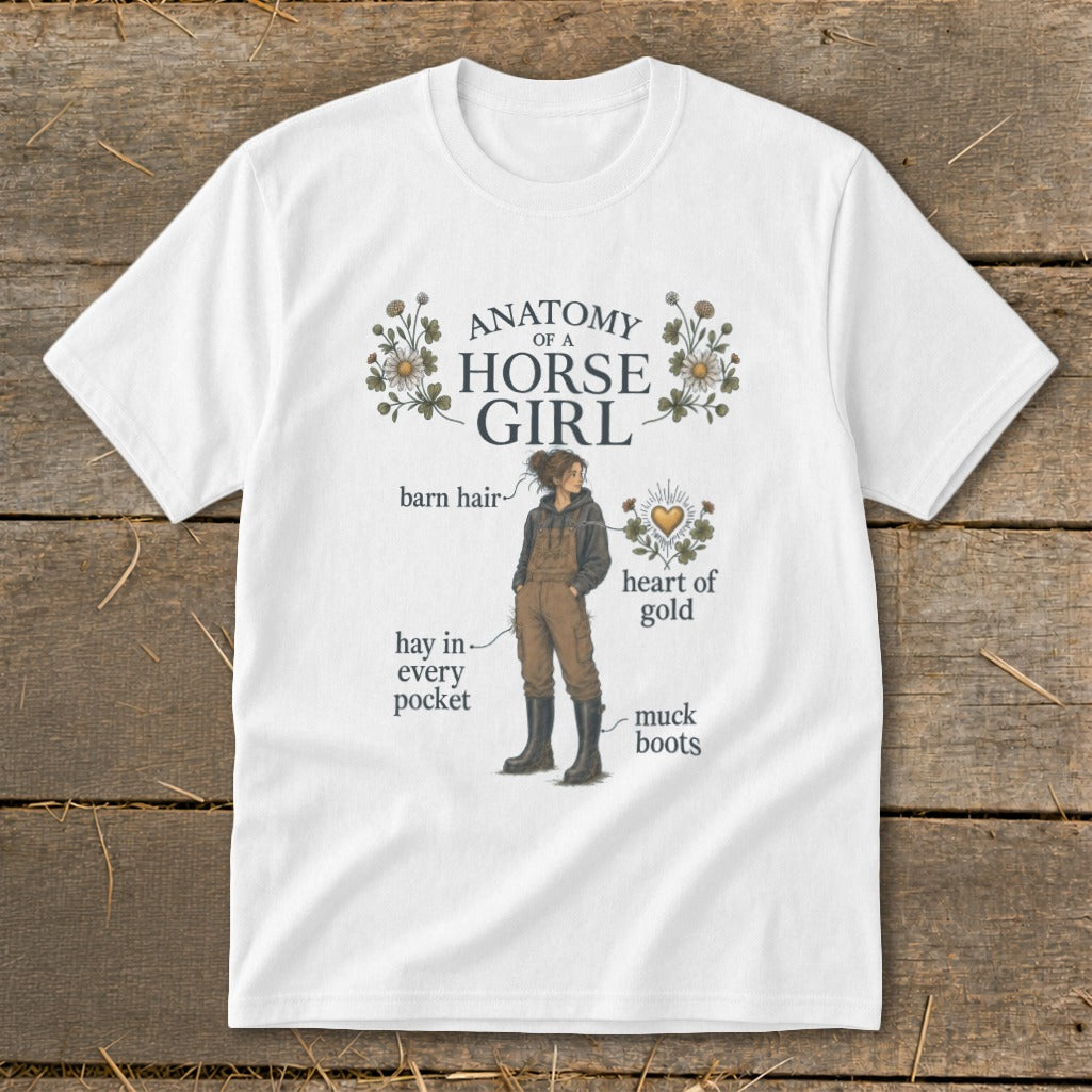 White t-shirt with "Anatomy of a Horse Girl" graphic and text labels.