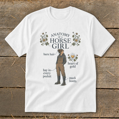 White t-shirt with "Anatomy of a Horse Girl" graphic and text labels.