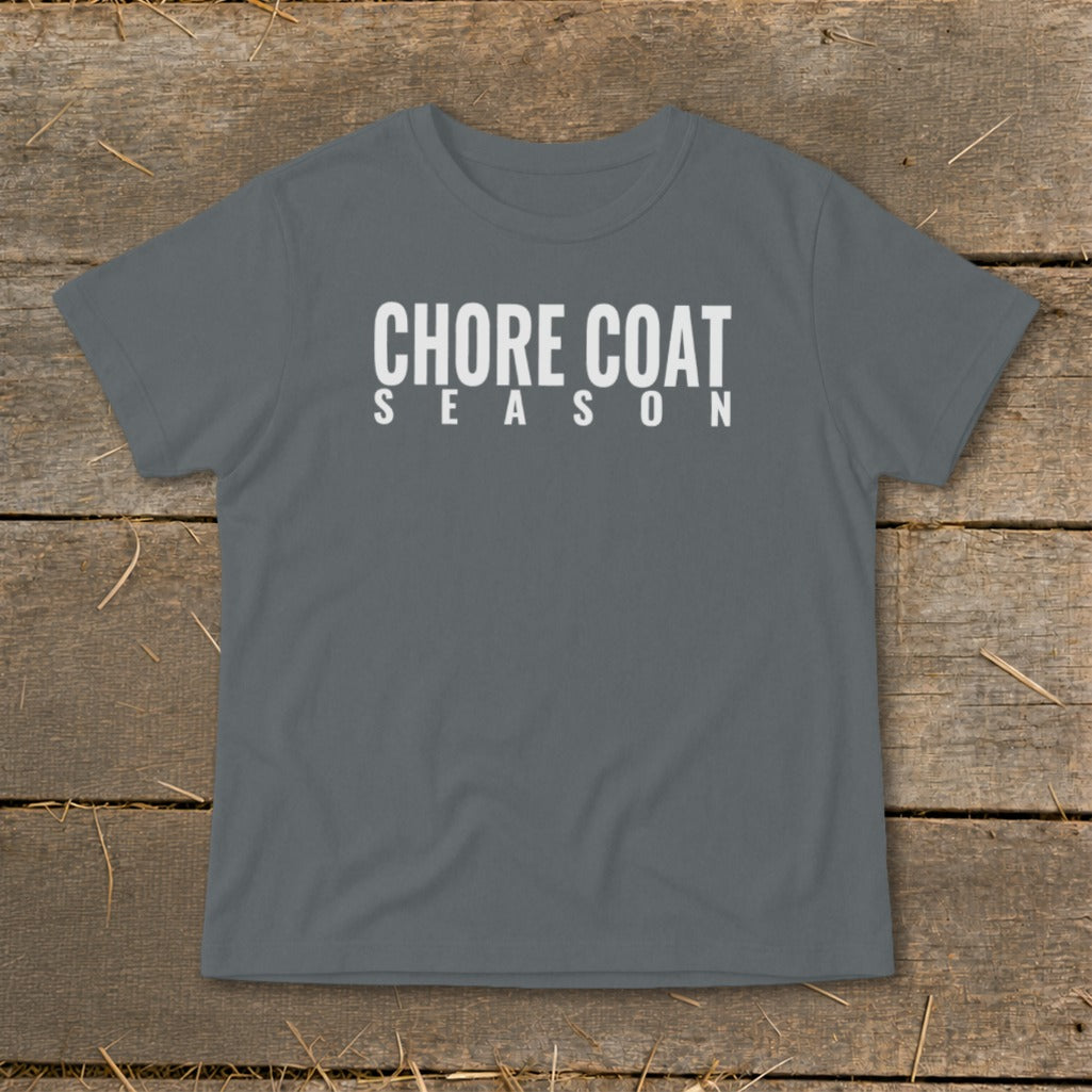 Grey t-shirt with white text reading "CHORE COAT SEASON"