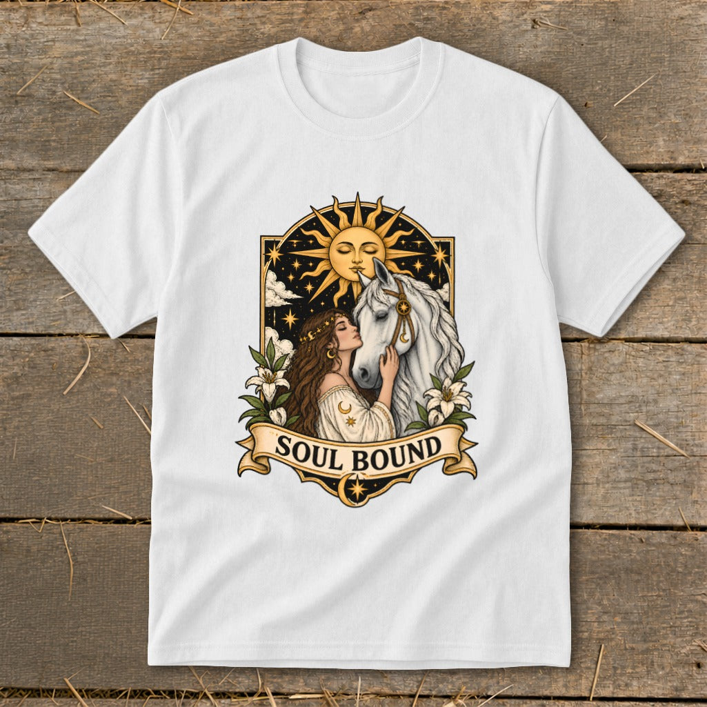 Woman embracing a white horse under a sun and stars, "Soul Bound" text.