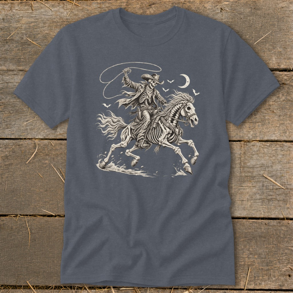 Skeleton cowboy on a skeleton horse with a lasso and moon in the background.