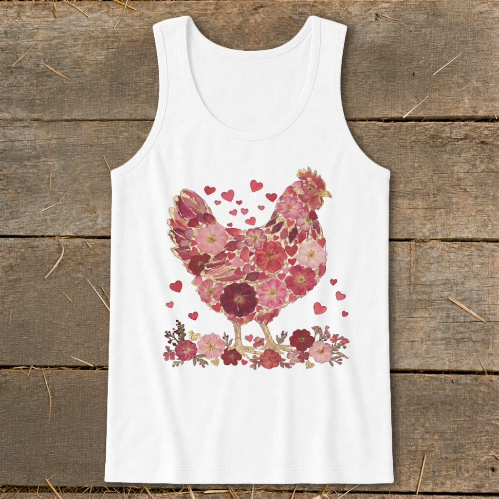 White tank top with a chicken design made of pink and red flowers and hearts.