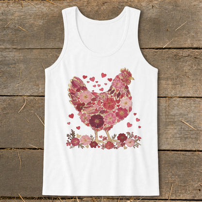 White tank top with a chicken design made of pink and red flowers and hearts.
