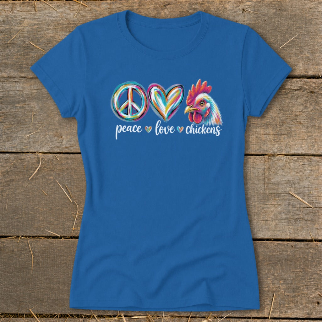 Blue t-shirt with peace, love, chicken symbols and text.